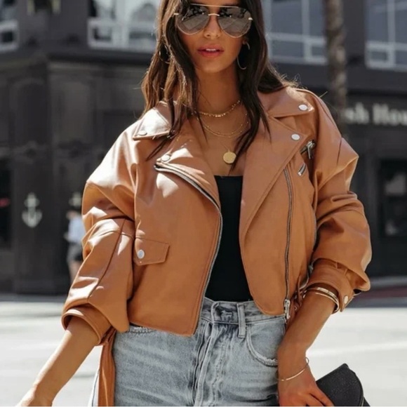 Women's Avec Les Filles Jacket – Camel synthetic leather biker style - Picture 1 of 12